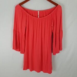 Voel Shirt‎ Womens Medim Top Red Long Flared Sleeve Pleated Boat Neck Blouse